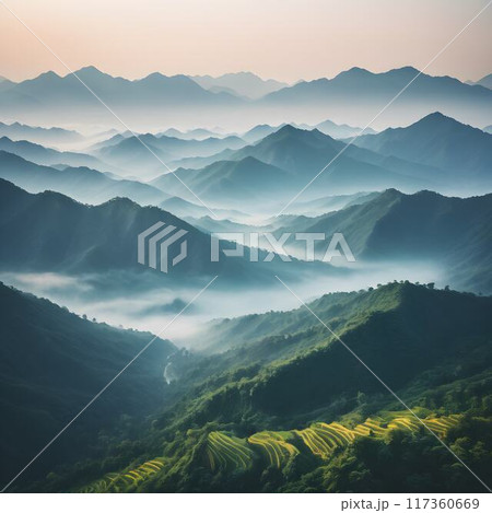 Soft Morning Mist: Mountains of Zixi County, Fuzhou City 117360669