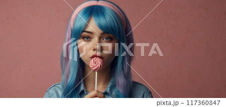 a girl with blue hair licks a lollipop. pink background. art photo a girl with blue hair licks a lollipop. pink background. art photo 117360847