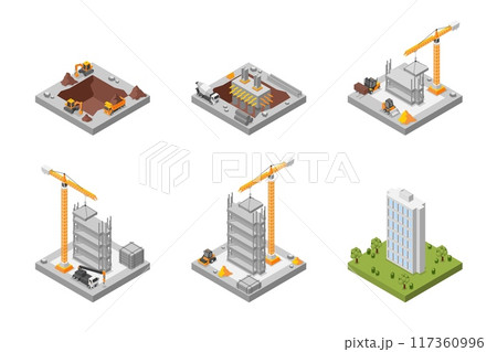 Isometric building process. Special machineries construction modern apartment build or skyscraper step by step. 3d flawless vector scenes 117360996
