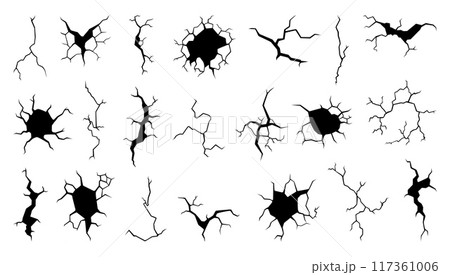 Ground split fracture line. Lines of dry cracks diverge in different directions. Black holes and crack, isolated traces of earthquakes neoteric vector set 117361006