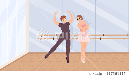 Couple of ballet dancers rehearsing in dancing room. Ballerina dance with partner, young dancer workout. Cartoon art school vector scene Couple of ballet dancers rehearsing in dancing room. Ballerina dance with partner, young dancer workout. Cartoon art school vector scene 117361115