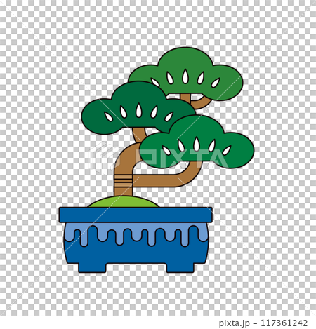 Japanese bonsai illustration material. Retro icon of pine bonsai. Japanese bonsai illustration material. Retro icon of pine bonsai. 117361242