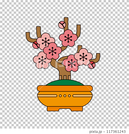 日本盆景的插畫素材。梅花盆景復古圖示。 117361243