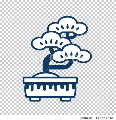 日本盆景的插畫素材。松樹盆景線描圖示。 117361248