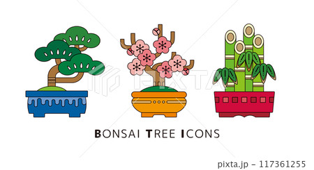 レトロな日本の盆栽のイラストセット。松竹梅の盆栽のイラスト一式。 117361255