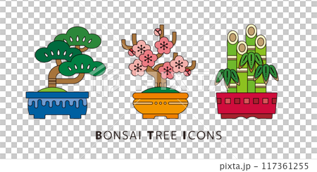 復古日本盆景插畫集。一組松竹梅盆景的插圖。 117361255