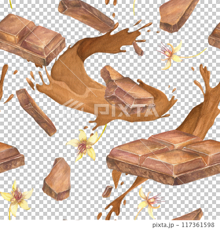 Seamless pattern with chocolate watercolor illustration with splashes of hot cocoa chocolate ,flowers of cacao hand drawn. Drawing of chocolate bar. Engraving for food packaging design 117361598