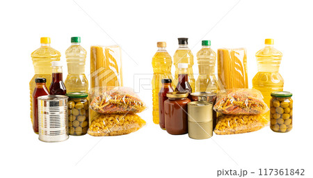 Vegetable oil  and water in bottle isolated on white background. 117361842