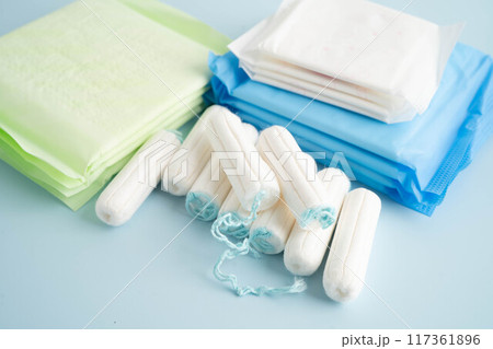 Sanitary pad napkin, tampon and menstruation cup for woman hygiene protect menstruation cycle. 117361896