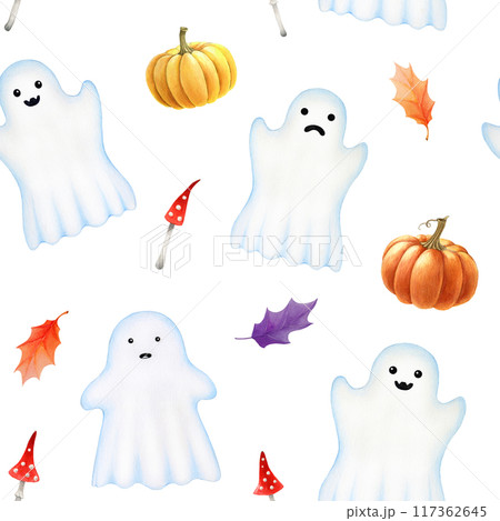 Halloween ghost decor seamless pattern. Hand drawn illustration. Spooky ghosts, pumpkins, leaf and mushroom on white background. For Halloween decoration gift packaging, printing, wrapping paper 117362645