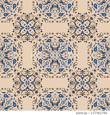Symmetrical Mosaic Seamless Pattern Modern. Watercolor geometric eastern background. A mix of mirrored abstract designs in a kaleidoscope style. Raster arrangement of bright elementsin mosaic style. Symmetrical Mosaic Seamless Pattern Modern. Watercolor geometric eastern background. A mix of mirrored abstract designs in a kaleidoscope style. Raster arrangement of bright elementsin mosaic style. 117362790