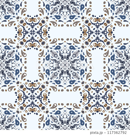 Symmetrical Mosaic Seamless Pattern Modern. Watercolor geometric eastern background. A mix of mirrored abstract designs in a kaleidoscope style. Raster arrangement of bright elementsin mosaic style. 117362792