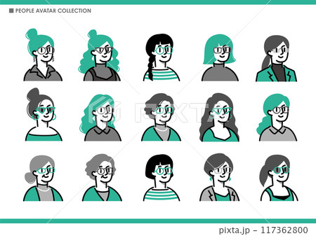 シンプルな女性アイコンのセット。めがね。 117362800