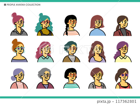 シンプルな女性アイコンのセット。めがね。 シンプルな女性アイコンのセット。めがね。 117362801