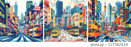 Tokyo urban cityscape cartoon vector concepts. City tram car neon lights signs skyscrapers streets buildings skyline highrise metropolitan modern bustling lively illustrations 117362819