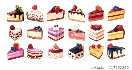 Tasty cheesecake portions cartoon vector set. Slices creamy pie strawberries berries fruits blueberries cherries raspberries baked homemade pastry gourmet cakes, isolated illustrations 117362820