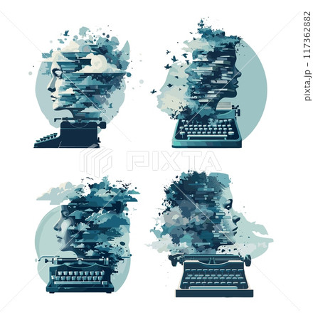 Innovative author typewriter cartoon vector ideas. Head woman cloud individual intellectual portrait storyteller creator reporter novel literature persona, isolated illustrations Innovative author typewriter cartoon vector ideas. Head woman cloud individual intellectual portrait storyteller creator reporter novel literature persona, isolated illustrations 117362882