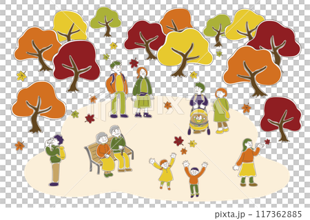 A set of casual illustrations of people of all ages enjoying autumn leaves 117362885
