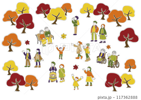 紅葉を楽しむ多世代の人々のゆるいイラスト(セット) 紅葉を楽しむ多世代の人々のゆるいイラスト(セット) 117362888