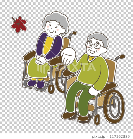 A relaxed illustration of a senior man and woman in wheelchairs enjoying the autumn leaves A relaxed illustration of a senior man and woman in wheelchairs enjoying the autumn leaves 117362889