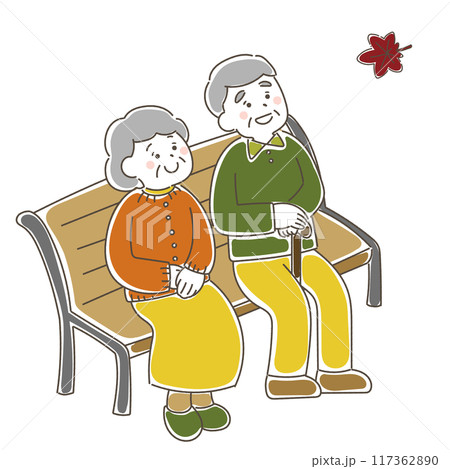 ベンチに座って紅葉を楽しむシニア夫婦のゆるいイラスト 117362890