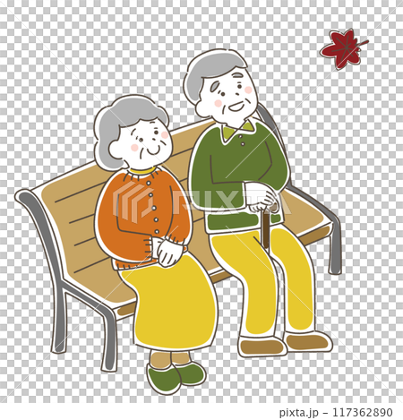 ベンチに座って紅葉を楽しむシニア夫婦のゆるいイラスト 117362890