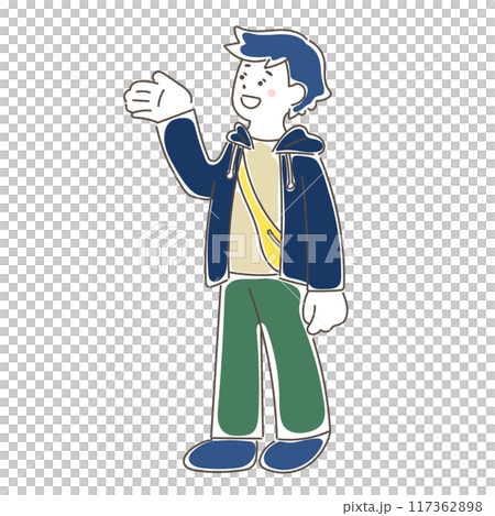 手のひらを上に向けて立つ男性のゆるいイラスト 117362898