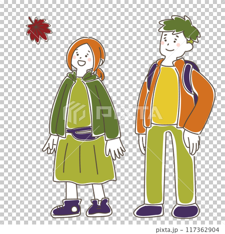紅葉を見上げる男女のカップルのゆるいイラスト 117362904