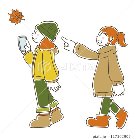 紅葉を指さす女性とスマホで撮影する女性のゆるいイラスト 117362905