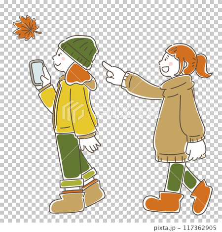紅葉を指さす女性とスマホで撮影する女性のゆるいイラスト 117362905
