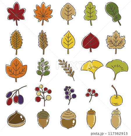 紅葉した葉っぱと秋の木の実のゆるいイラスト（セット） 117362913