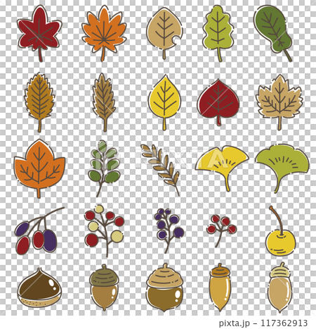 紅葉した葉っぱと秋の木の実のゆるいイラスト（セット） 117362913