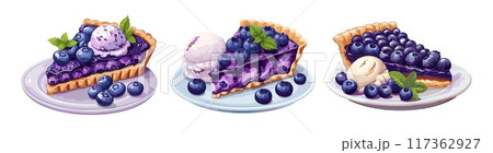 Frozen blueberry dessert tart cartoon vector illustrations. Dish ice cream sweet garnished berries pastry whipped baked homemade piece foliage vanilla isolated artworks 117362927