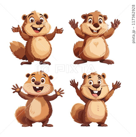 Forest groundhog cartoon vector illustrations. Rodent brown fur tail embraces hugs smiling optimistic woodland figure, cheerful friendly mascot isolated artworks Forest groundhog cartoon vector illustrations. Rodent brown fur tail embraces hugs smiling optimistic woodland figure, cheerful friendly mascot isolated artworks 117362928
