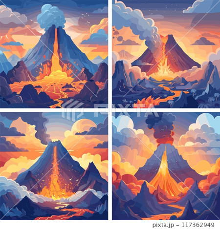 Dusk volcanic explosion cartoon vector scenes....のイラスト素材 [117362949 ...