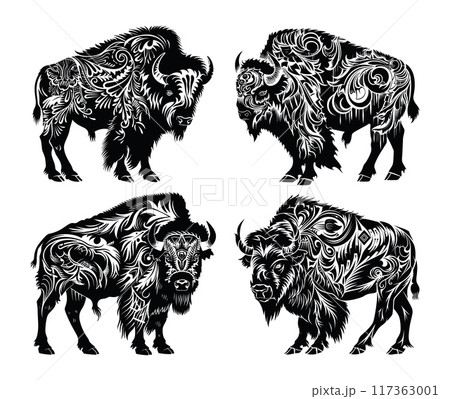 Botanical bison silhouettes black ink vector set.Large horn fur mane powerful ungulate herbivore wildlife creature foliage stems designs ornamental natural illustrations isolated on white background Botanical bison silhouettes black ink vector set.Large horn fur mane powerful ungulate herbivore wildlife creature foliage stems designs ornamental natural illustrations isolated on white background 117363001