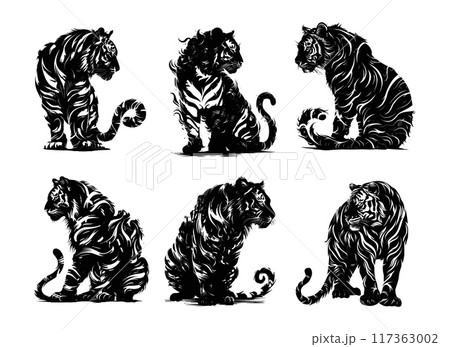 Black tiger ink drawing vector set wild large panther feline stripes fur tail ruler claws creature hunter strong intense stance sketch ornamental artwork isolated on white background Black tiger ink drawing vector set wild large panther feline stripes fur tail ruler claws creature hunter strong intense stance sketch ornamental artwork isolated on white background 117363002