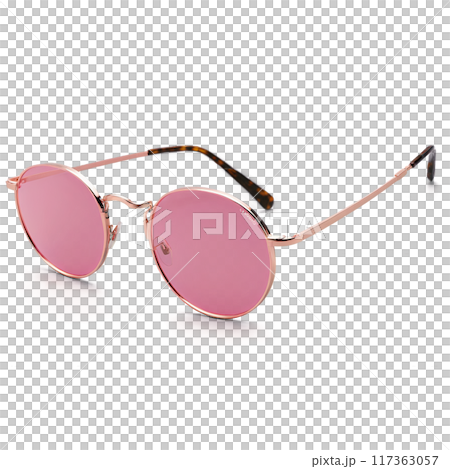 Round glasses with rose gold metal frames and pink tinted lenses emanating a soft and Round glasses with rose gold metal frames and pink tinted lenses emanating a soft and 117363057