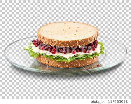 Sandwich turkey and Swiss cheese with cranberry sauce on whole wheat served on a transparent Sandwich turkey and Swiss cheese with cranberry sauce on whole wheat served on a transparent 117363058