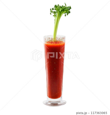 Spicy tomato juice with celery stick and red pepper flakes exploding upwards Food and culinary Spicy tomato juice with celery stick and red pepper flakes exploding upwards Food and culinary 117363065