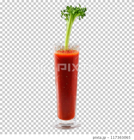 Spicy tomato juice with celery stick and red pepper flakes exploding upwards Food and culinary Spicy tomato juice with celery stick and red pepper flakes exploding upwards Food and culinary 117363065