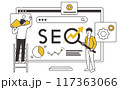 SEO、アクセス解析、売り上げアップなどに使える　グラフや動画などを指すビジネスパーソン男性イラスト 117363066