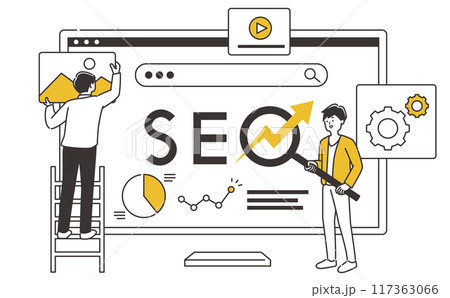 SEO、アクセス解析、売り上げアップなどに使える　グラフや動画などを指すビジネスパーソン男性イラスト 117363066