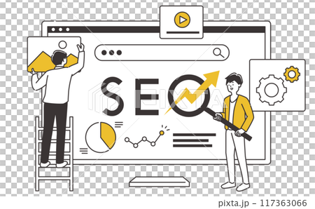 SEO、アクセス解析、売り上げアップなどに使える　グラフや動画などを指すビジネスパーソン男性イラスト 117363066