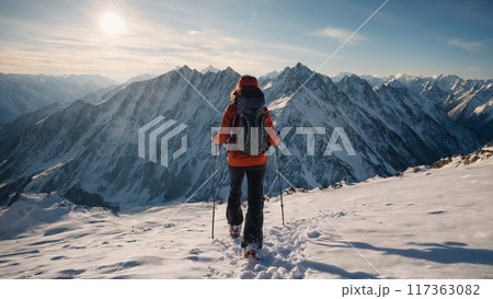 Woman snowshoeing along mountain ridge expansive view of snowy peaks arms outstretched freedom 117363082