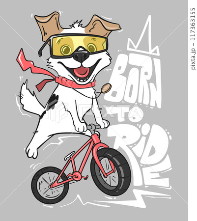 Cartoon dog riding a bicycle, vector T-Shirt design. 117363155