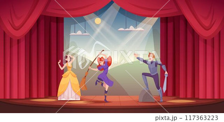 Theater stage. Performing characters show on stage exact vector template 117363223