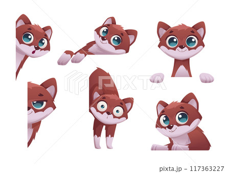 Peeking cat. Cartoon domestic cute animal looking and smiling exact vector illustration of funny cats Peeking cat. Cartoon domestic cute animal looking and smiling exact vector illustration of funny cats 117363227