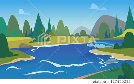 river. cartoon outdoor background with fast river landscape river. cartoon outdoor background with fast river landscape 117363235