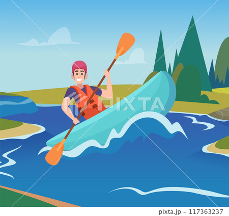 kayaking. water active sport outdoor kayaking on river vector cartoon background kayaking. water active sport outdoor kayaking on river vector cartoon background 117363237